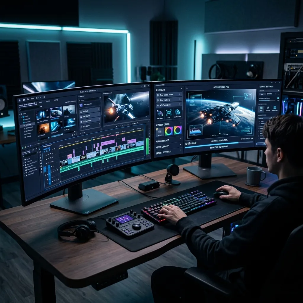 Video editor working on a dual-monitor setup showing a video editing timeline with AI-powered features
