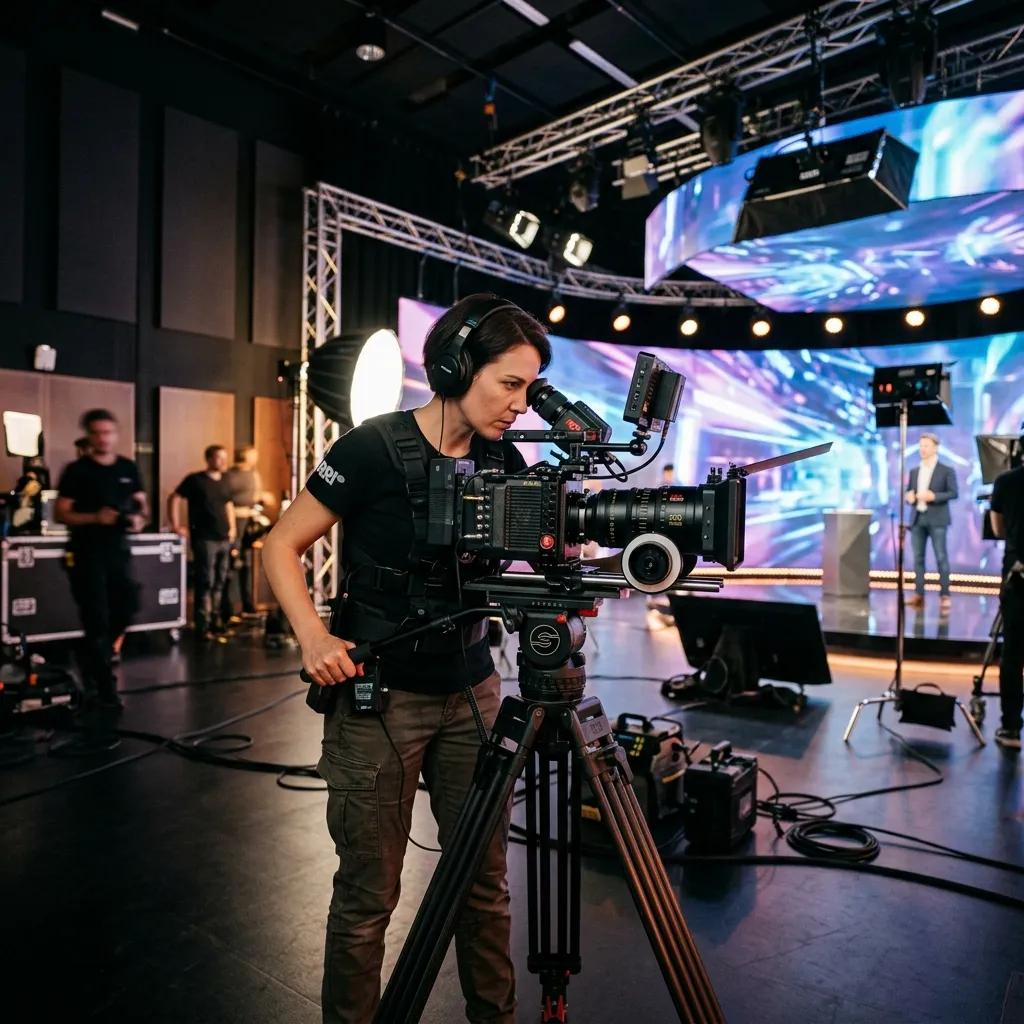 Person operating a professional camera with a cinematic lens