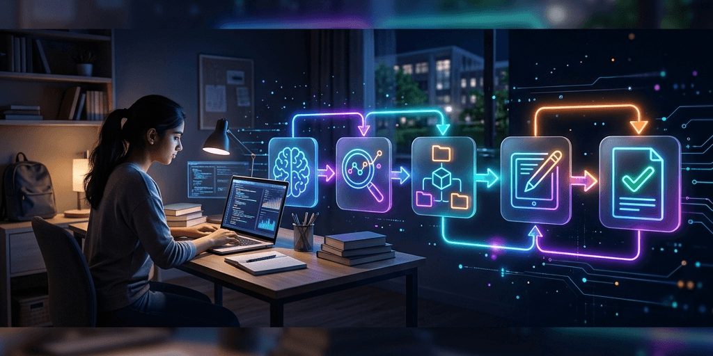A 5-step AI workflow for students: Learn, Research, Organise, Create, Review.
